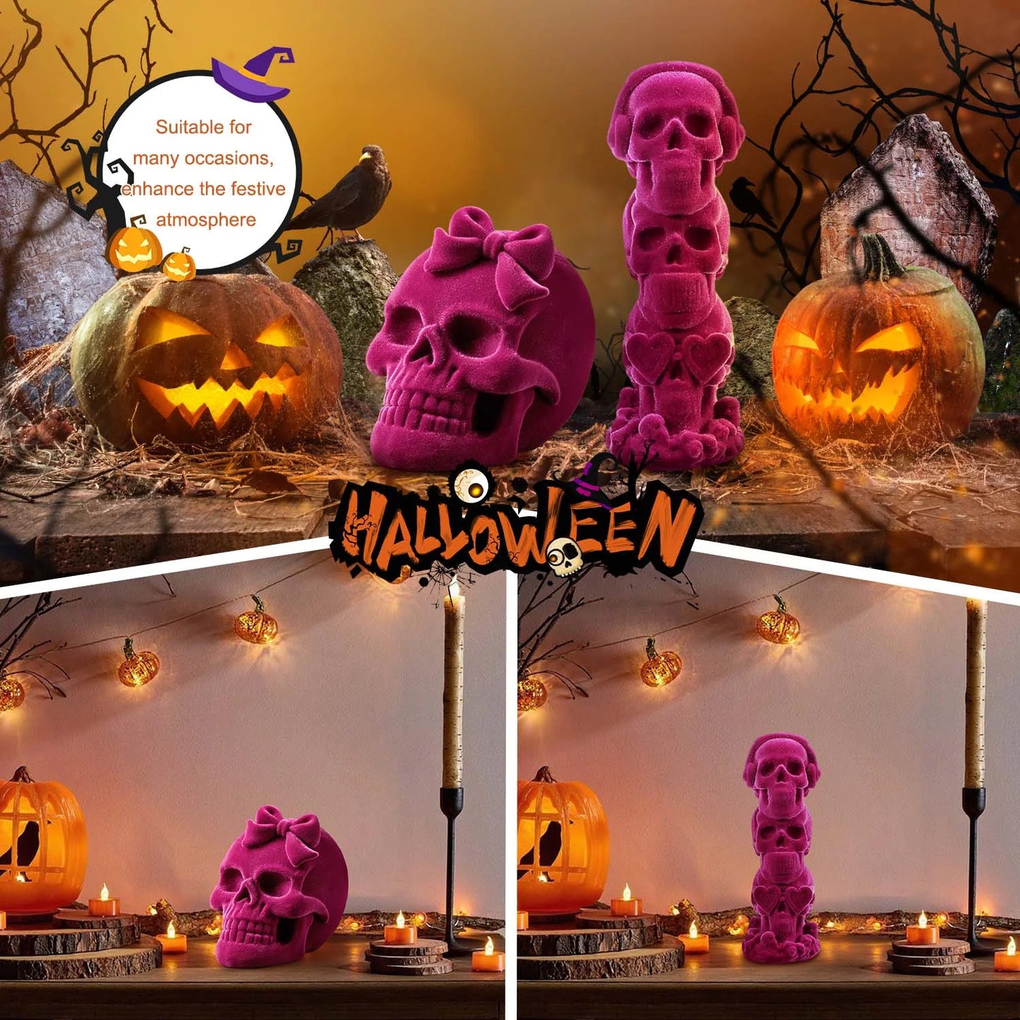 2Pcs Pink Halloween Skulls Decor, Stacked Skulls for Halloween Decoration Indoor, Halloween Prop Gothic Decor