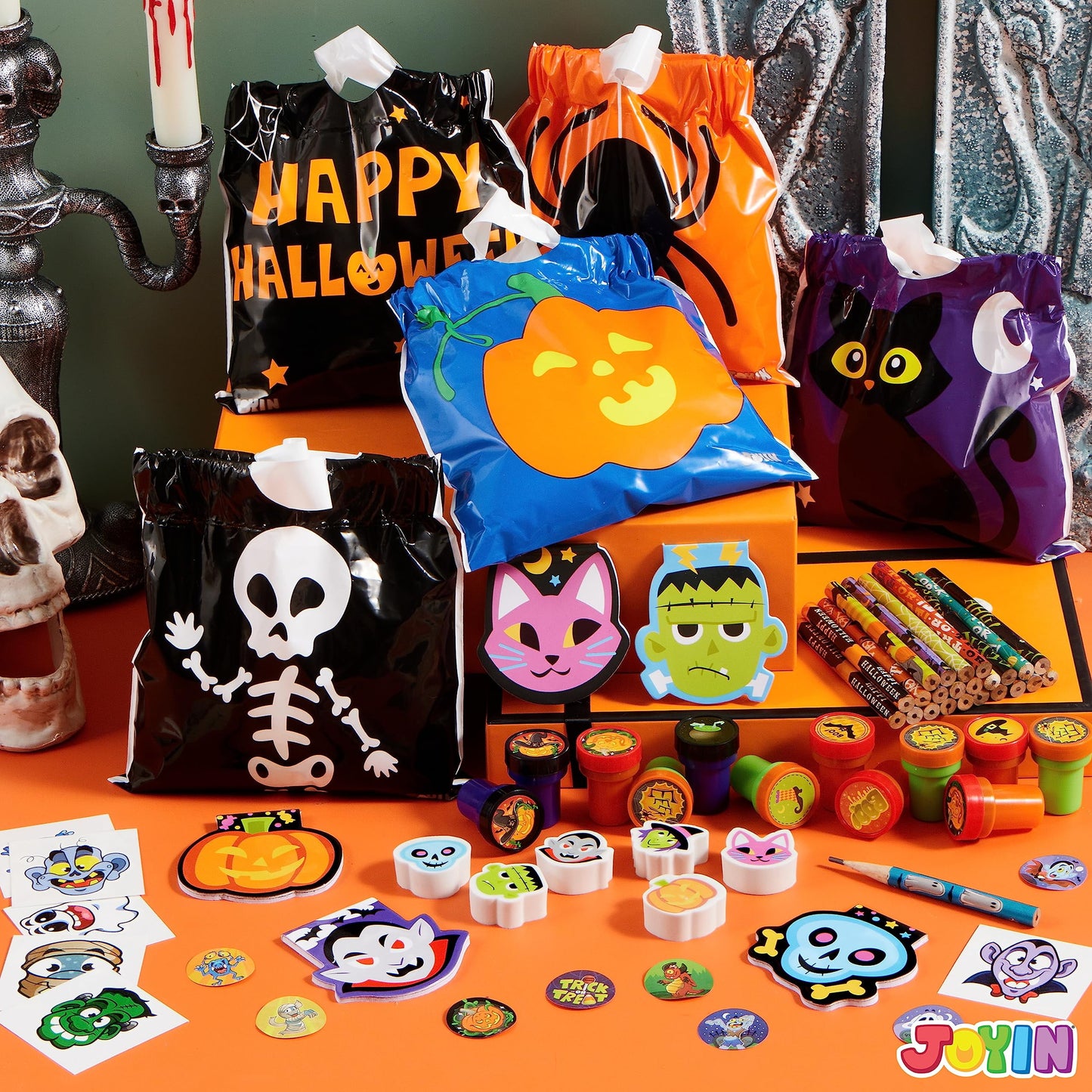 168 Packs Halloween Stationery Party Favors,Halloween Gifts for Kids,Halloween Goodies Including Halloween Trick or Treat Bags,Notepads,Stamps,Pencils,Stickers and Tattoos