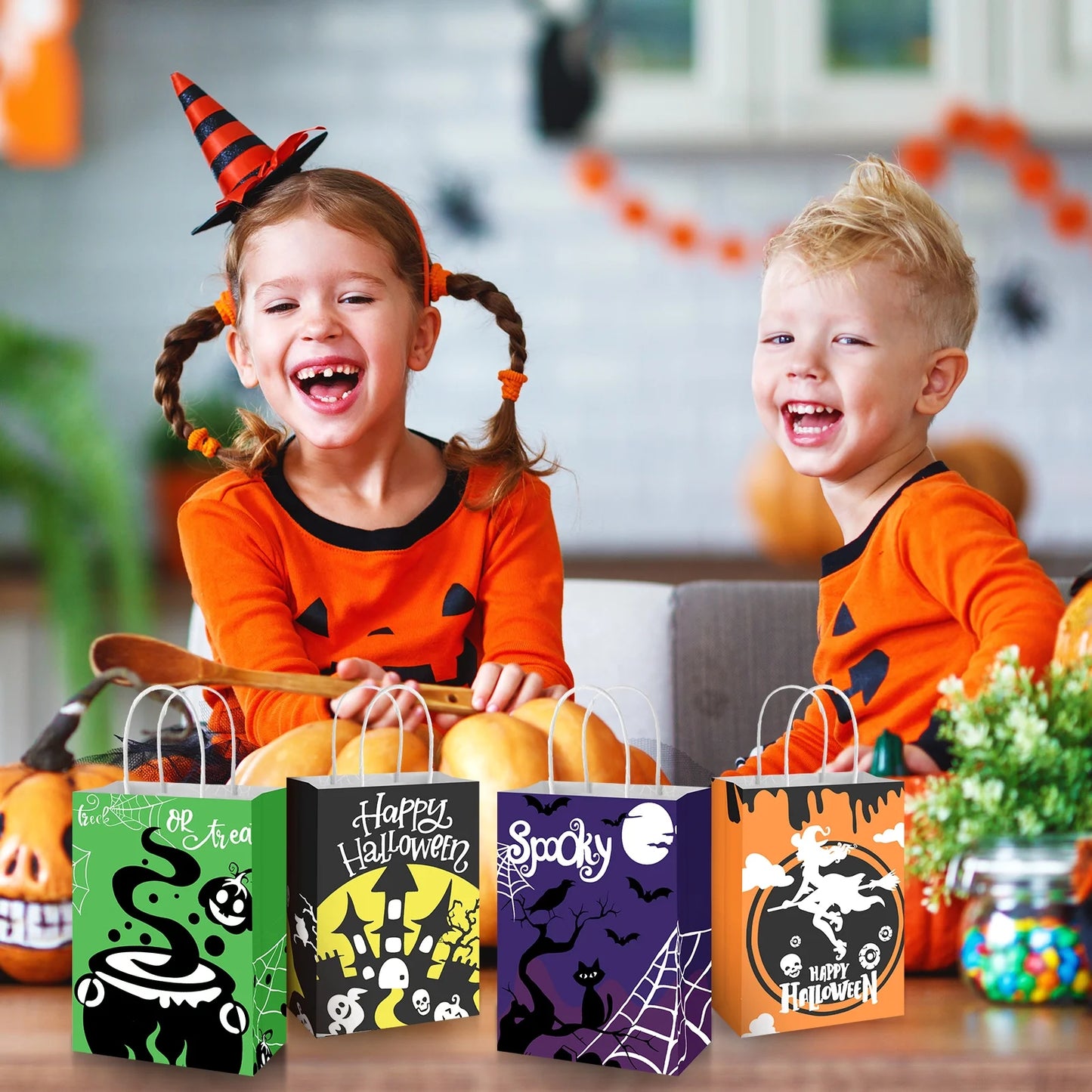 18 Pcs Halloween Treat Bags, Halloween Paper Gift Bags with Handles, Halloween Trick or Treat Candy Bags Goodie Bags for Holiday Treats Snacks Kids Halloween Party Favors Supplies