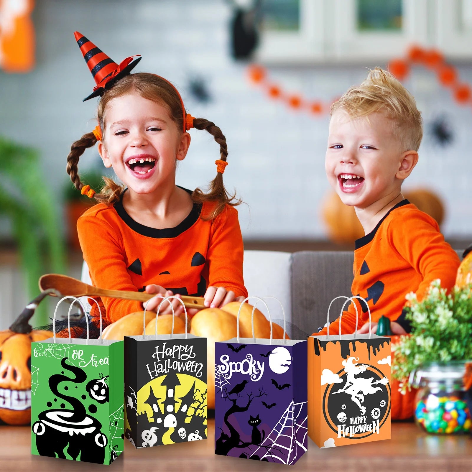 18 Pcs Halloween Treat Bags, Halloween Paper Gift Bags with Handles, Halloween Trick or Treat Candy Bags Goodie Bags for Holiday Treats Snacks Kids Halloween Party Favors Supplies