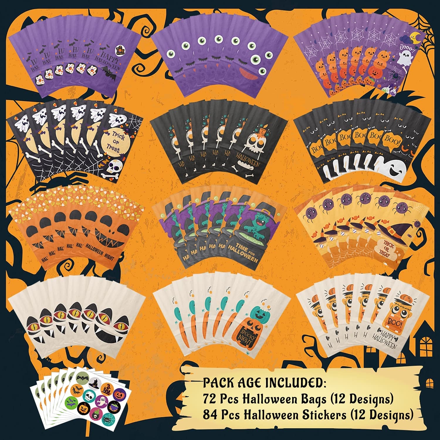 Halloween Treat Bags, 72PCS Kids Halloween Candy Bags Trick or Treating with 84 Pcs Halloween Stickers, Paper Gift Bags for Treats Snacks,Halloween Party Favors Goodie Bags Party Supplies