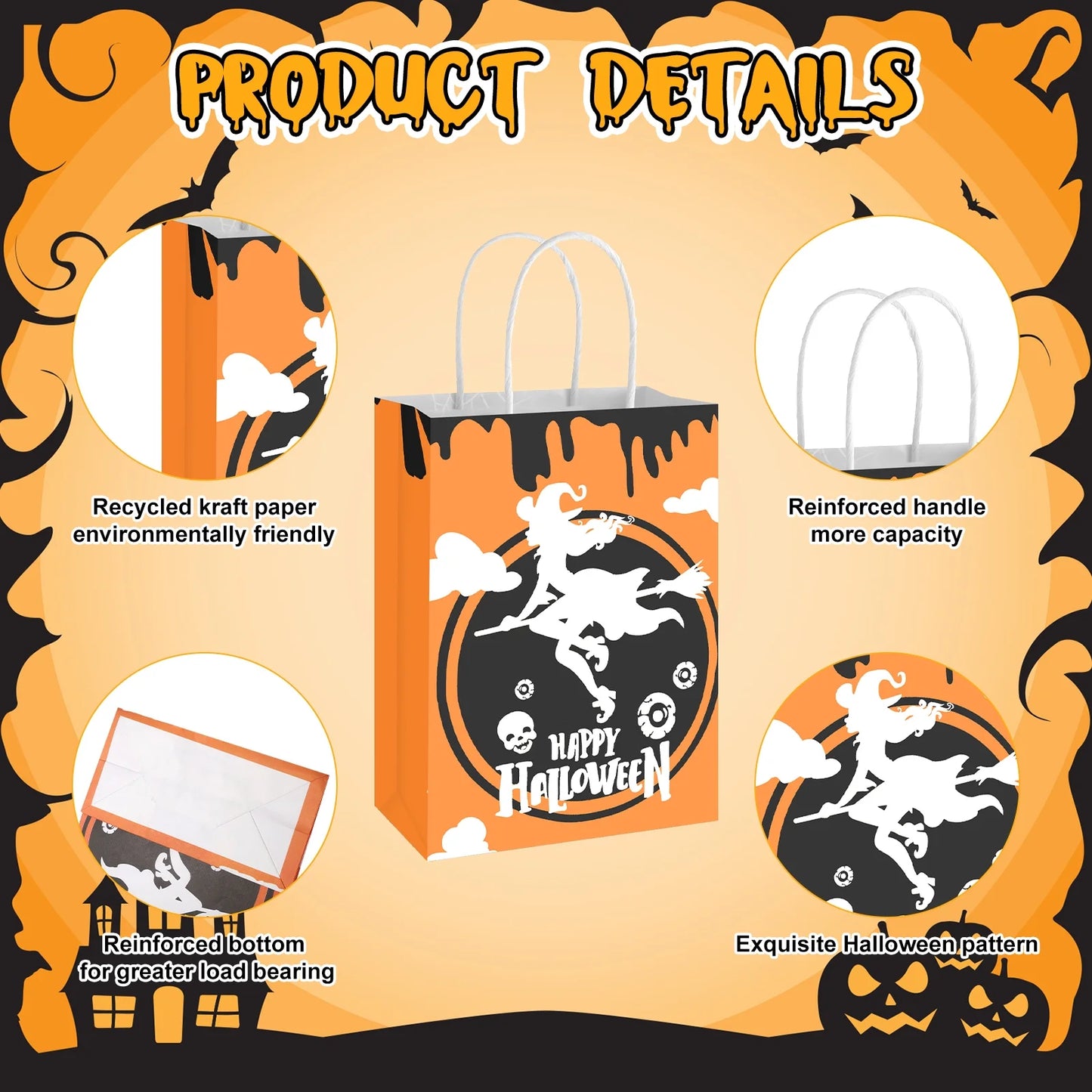 18 Pcs Halloween Treat Bags, Halloween Paper Gift Bags with Handles, Halloween Trick or Treat Candy Bags Goodie Bags for Holiday Treats Snacks Kids Halloween Party Favors Supplies