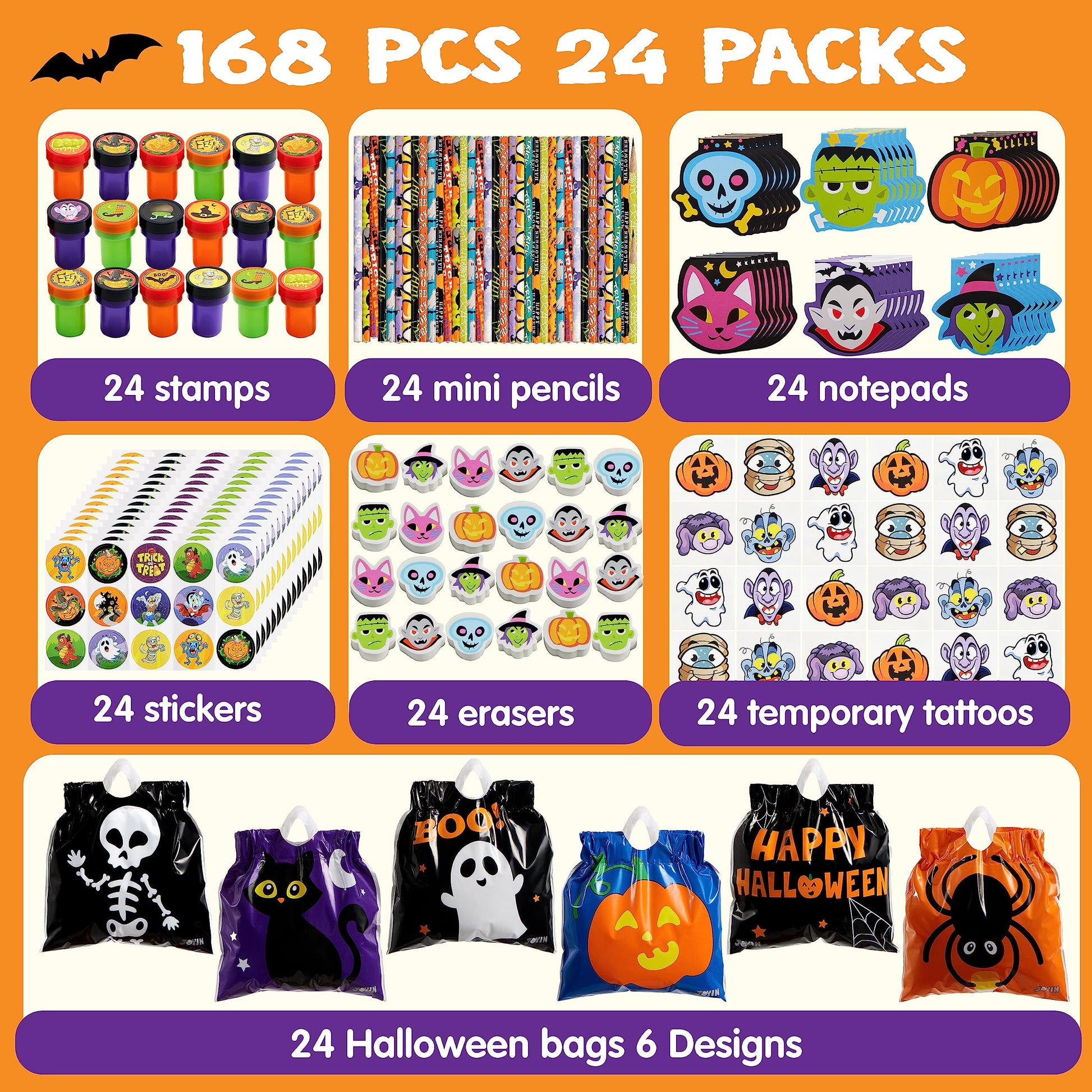 168 Packs Halloween Stationery Party Favors,Halloween Gifts for Kids,Halloween Goodies Including Halloween Trick or Treat Bags,Notepads,Stamps,Pencils,Stickers and Tattoos