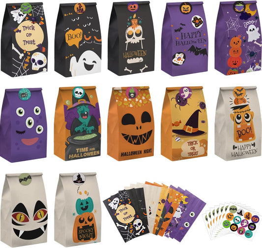 Halloween Treat Bags, 72PCS Kids Halloween Candy Bags Trick or Treating with 84 Pcs Halloween Stickers, Paper Gift Bags for Treats Snacks,Halloween Party Favors Goodie Bags Party Supplies