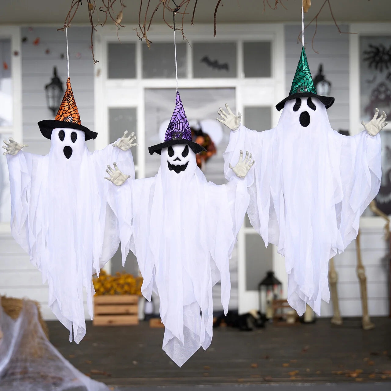 3 Packs Hanging Ghost Halloween Decorations Outdoor,24.8" White Flying Ghosts with Hats Outdoor Hanging Halloween Decorations Yard Decorations
