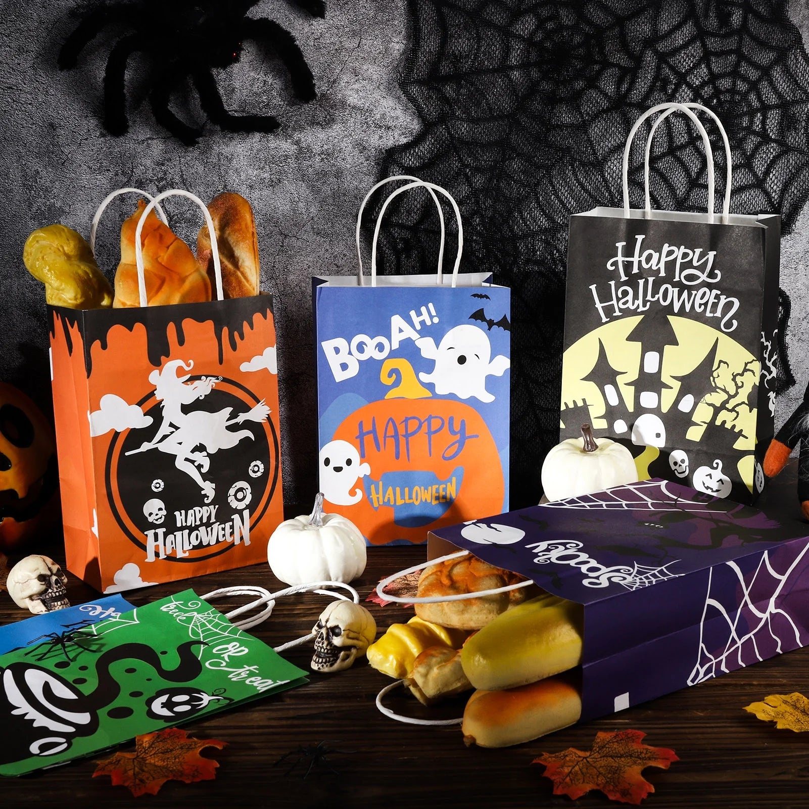 18 Pcs Halloween Treat Bags, Halloween Paper Gift Bags with Handles, Halloween Trick or Treat Candy Bags Goodie Bags for Holiday Treats Snacks Kids Halloween Party Favors Supplies
