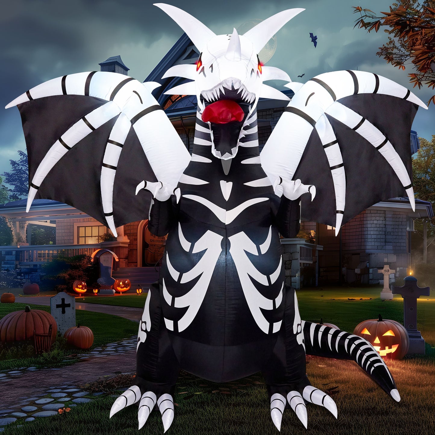 8Ft Halloween Inflatable Skeleton Dragon with Build-In Leds Decorations,Halloween Outdoor Decorations Blow up Yard Decorations