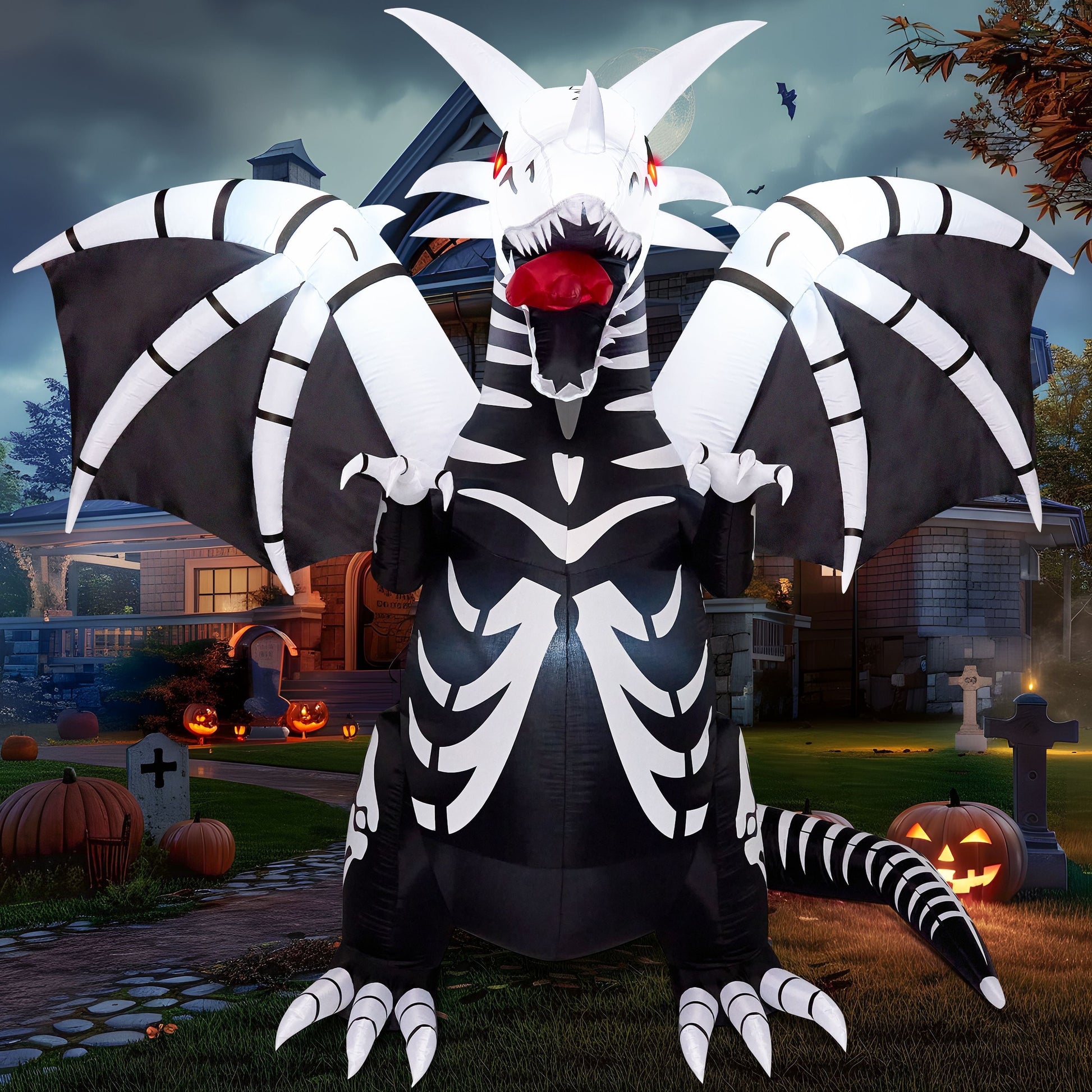 8Ft Halloween Inflatable Skeleton Dragon with Build-In Leds Decorations,Halloween Outdoor Decorations Blow up Yard Decorations