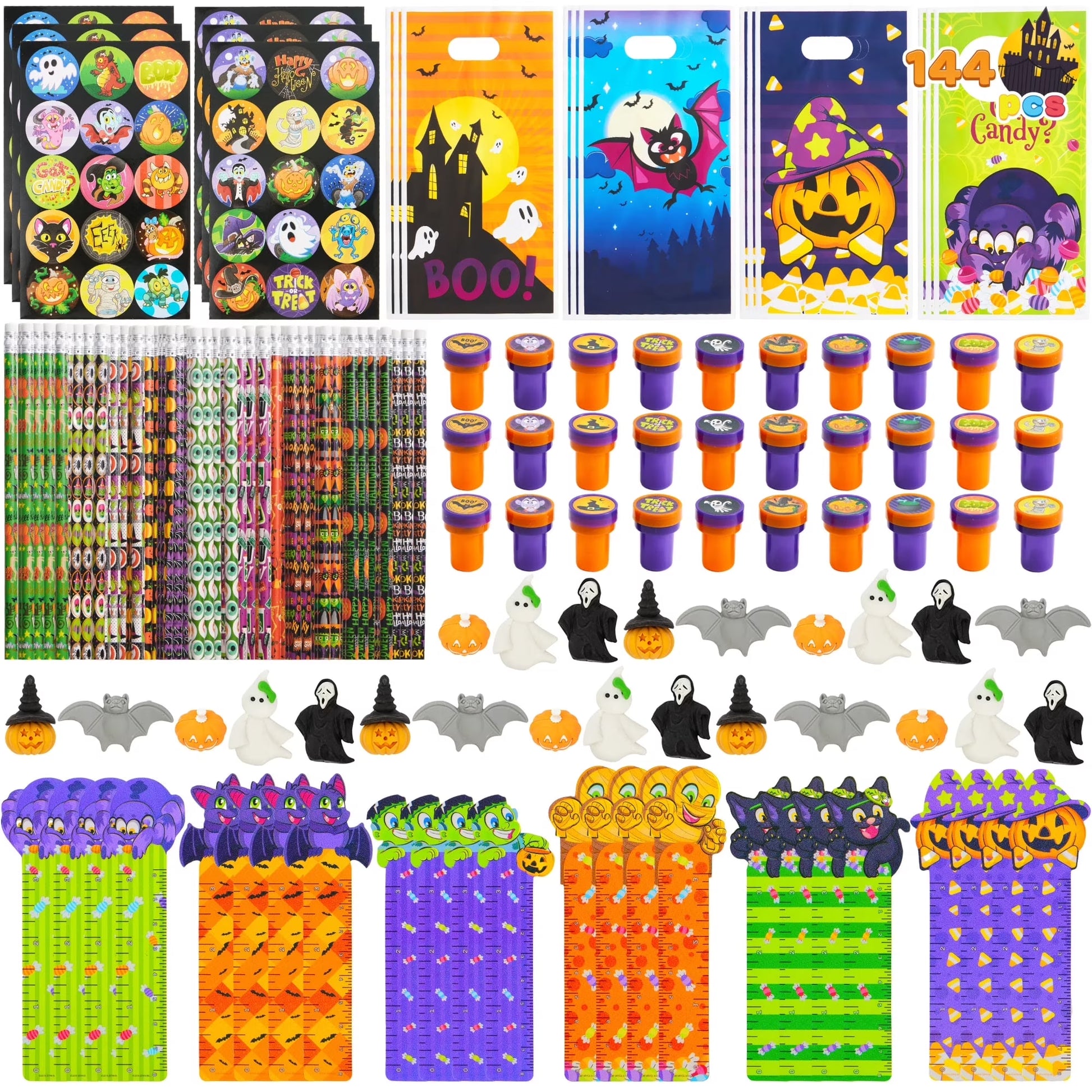 144 Pcs Halloween Stationery Set for Kids,Halloween Pencils Stickers Erasers Stamps Party Favors,Halloween Trick or Treat Bags,Halloween Gifts for Kids,Classroom Favors