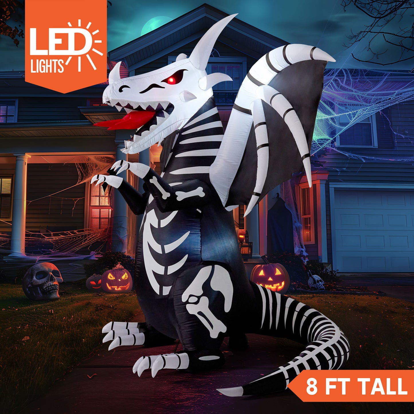 8Ft Halloween Inflatable Skeleton Dragon with Build-In Leds Decorations,Halloween Outdoor Decorations Blow up Yard Decorations