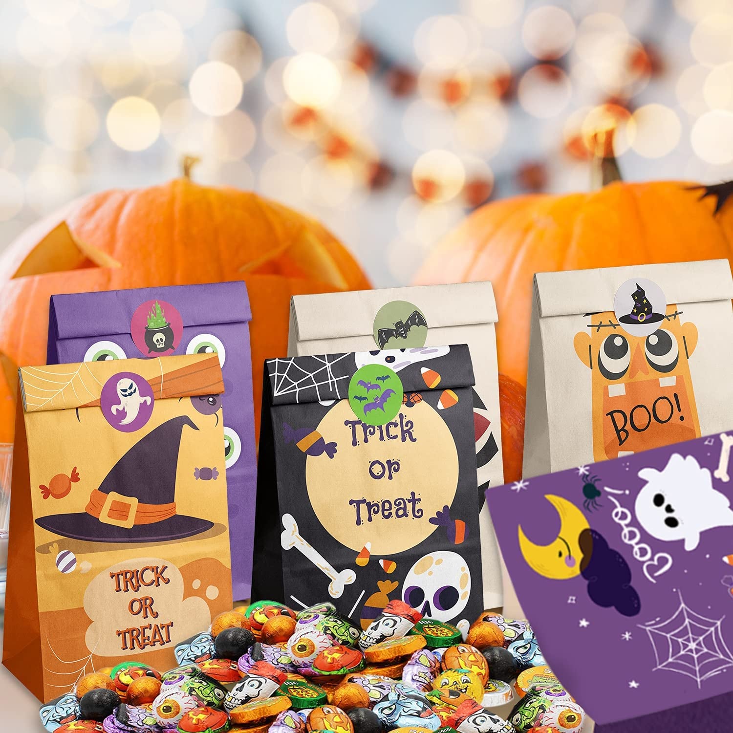 Halloween Treat Bags, 72PCS Kids Halloween Candy Bags Trick or Treating with 84 Pcs Halloween Stickers, Paper Gift Bags for Treats Snacks,Halloween Party Favors Goodie Bags Party Supplies