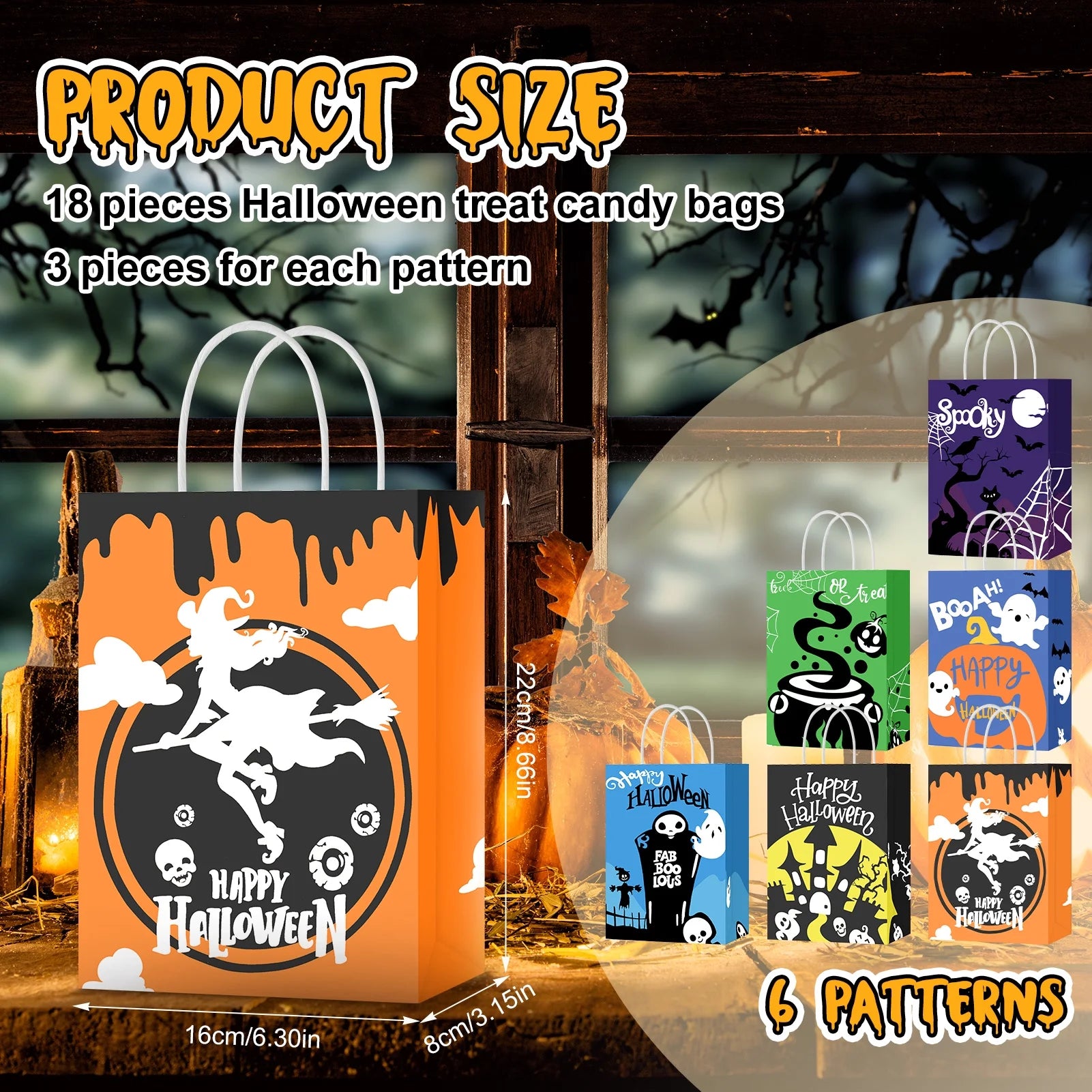 18 Pcs Halloween Treat Bags, Halloween Paper Gift Bags with Handles, Halloween Trick or Treat Candy Bags Goodie Bags for Holiday Treats Snacks Kids Halloween Party Favors Supplies