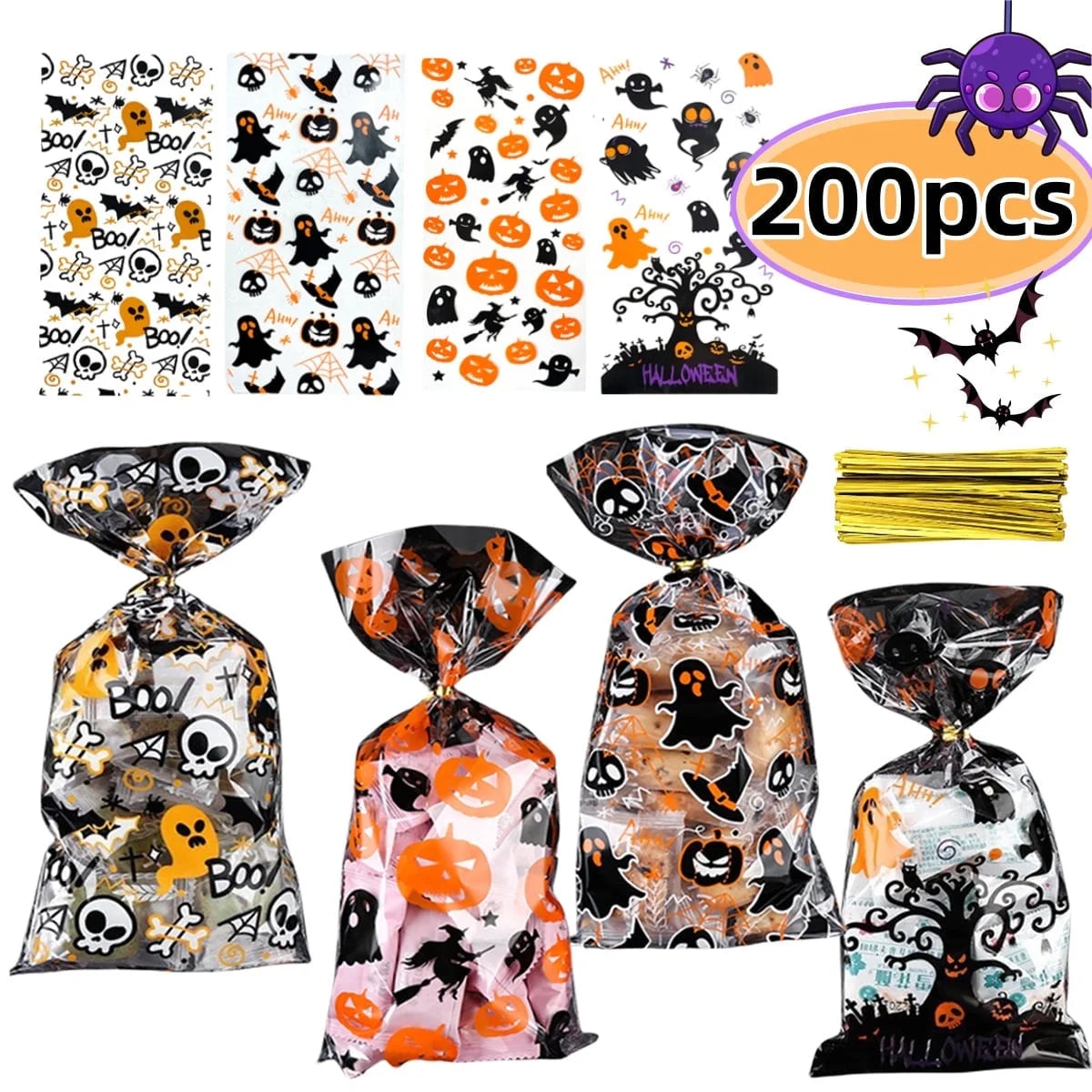 Halloween Treat Bags Halloween Candy Cellophane Bags 200Pcs Halloween Goodies Bag with Twist Tie