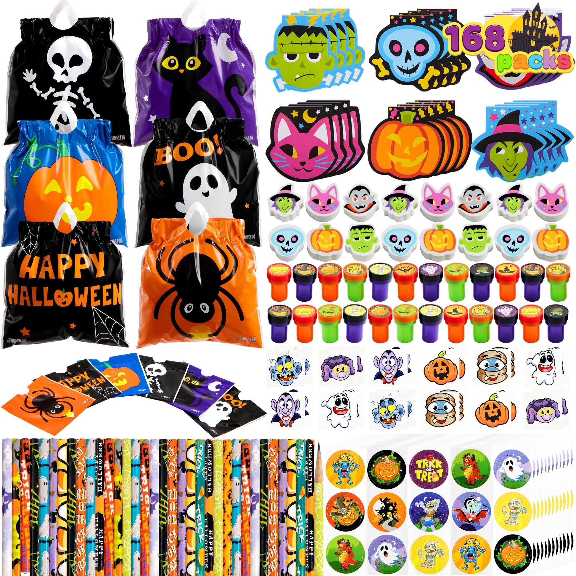 168 Packs Halloween Stationery Party Favors,Halloween Gifts for Kids,Halloween Goodies Including Halloween Trick or Treat Bags,Notepads,Stamps,Pencils,Stickers and Tattoos