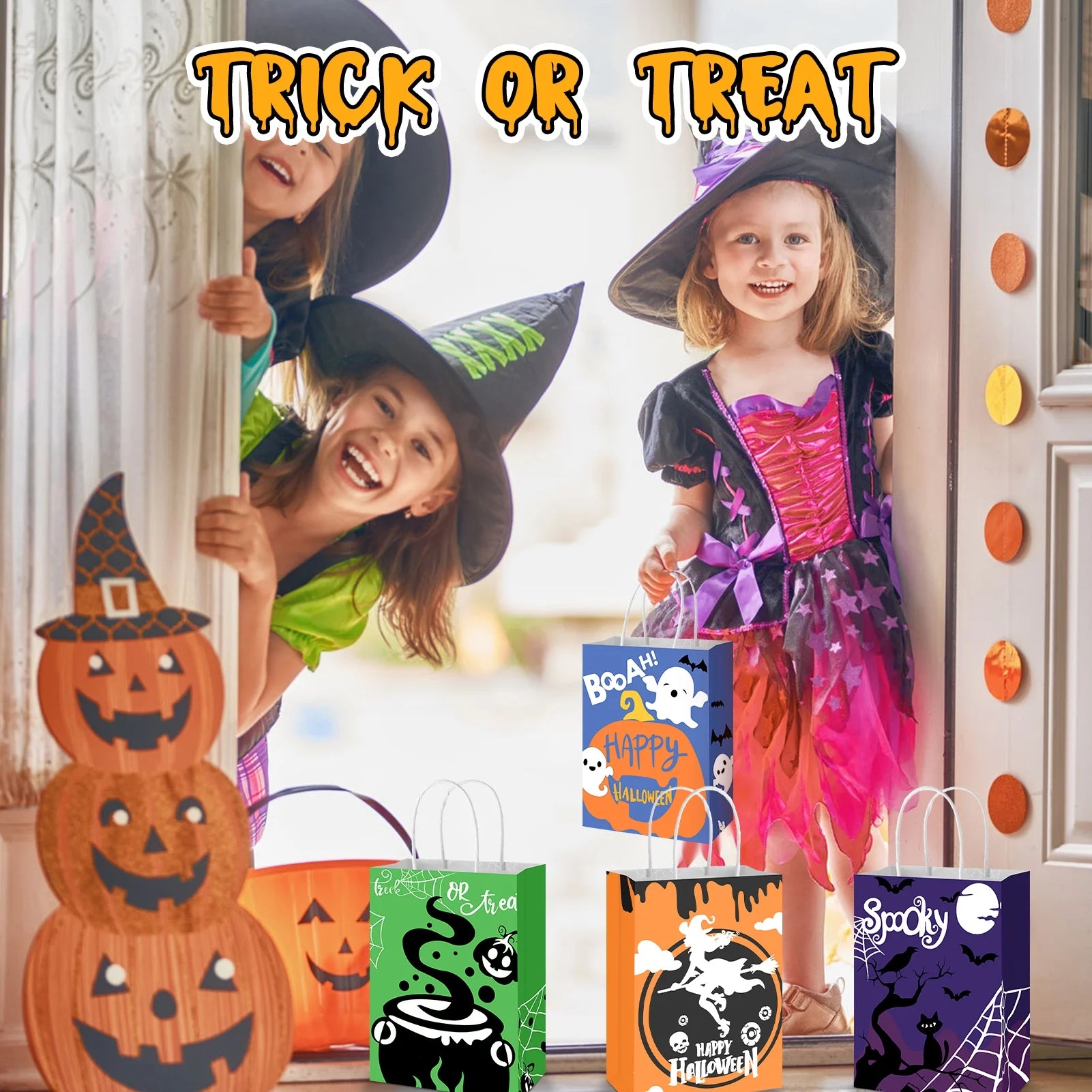 18 Pcs Halloween Treat Bags, Halloween Paper Gift Bags with Handles, Halloween Trick or Treat Candy Bags Goodie Bags for Holiday Treats Snacks Kids Halloween Party Favors Supplies