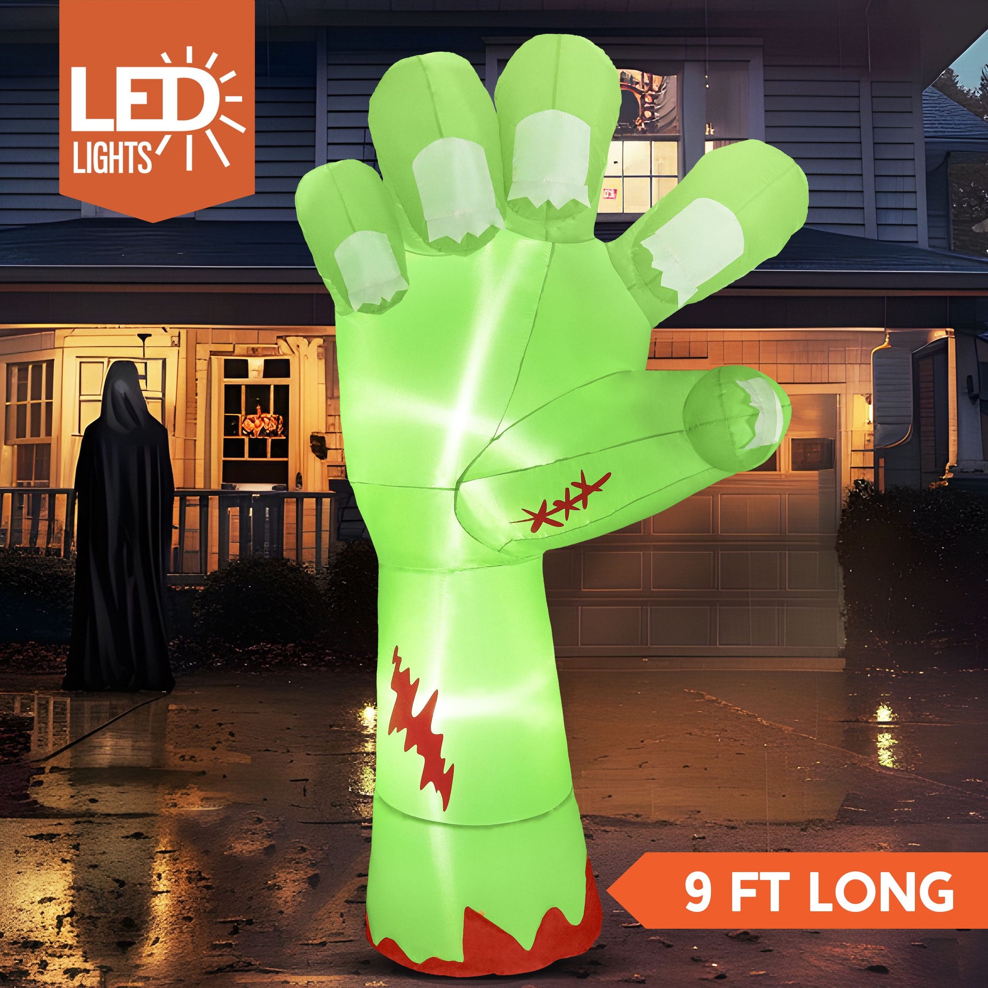 9Ft Halloween Inflatables Broken Hand,Giant Zombie Arm Outdoor Decoration with Built-In Leds,Scary Green Giant Hand Blow up Yard Decorations