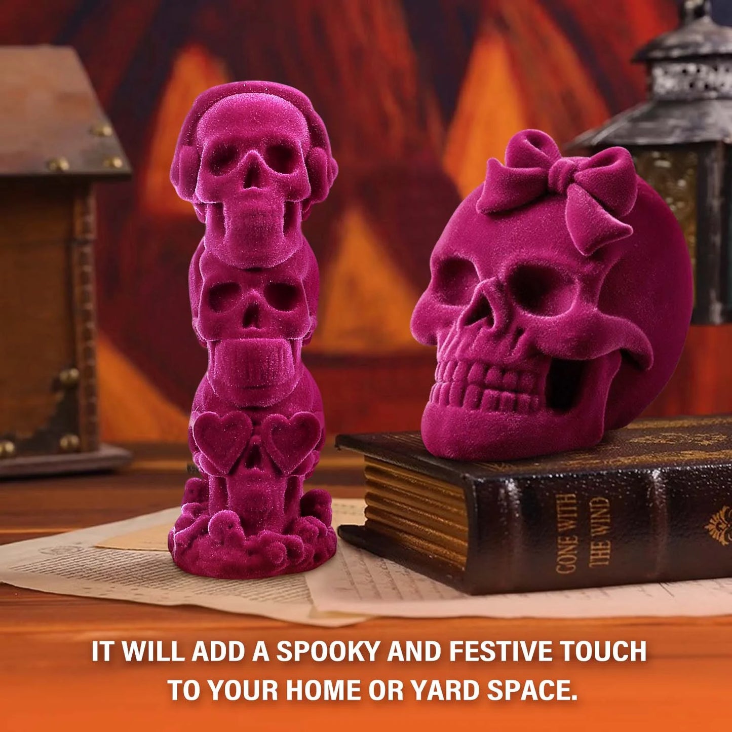 2Pcs Pink Halloween Skulls Decor, Stacked Skulls for Halloween Decoration Indoor, Halloween Prop Gothic Decor