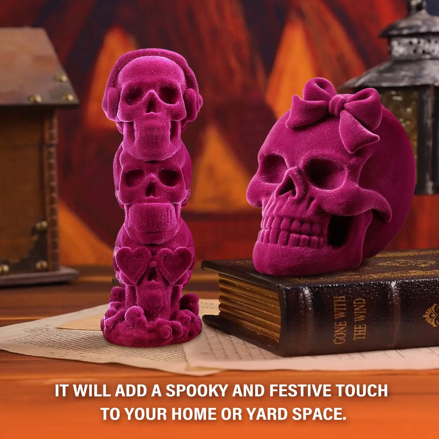 2Pcs Pink Halloween Skulls Decor, Stacked Skulls for Halloween Decoration Indoor, Halloween Prop Gothic Decor