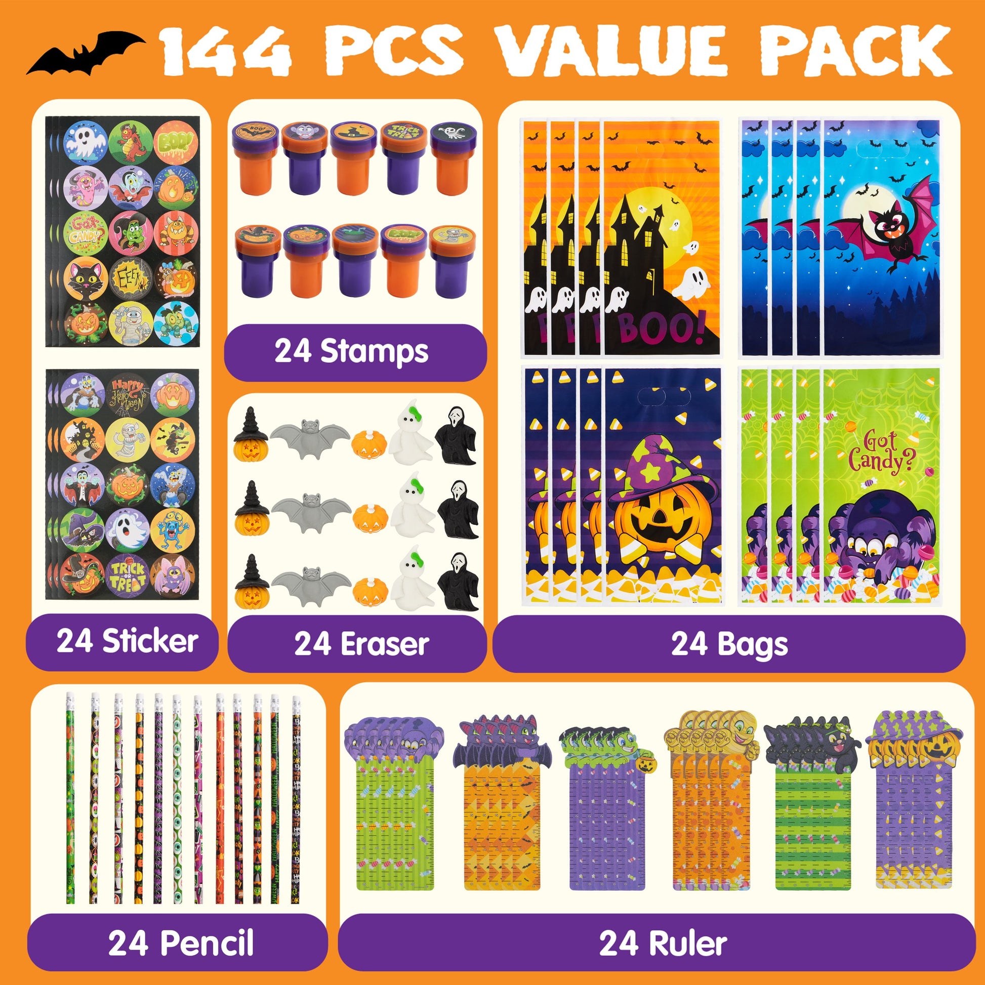 144 Pcs Halloween Stationery Set for Kids,Halloween Pencils Stickers Erasers Stamps Party Favors,Halloween Trick or Treat Bags,Halloween Gifts for Kids,Classroom Favors