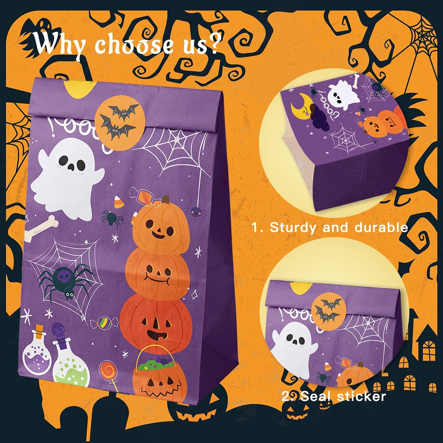Halloween Treat Bags, 72PCS Kids Halloween Candy Bags Trick or Treating with 84 Pcs Halloween Stickers, Paper Gift Bags for Treats Snacks,Halloween Party Favors Goodie Bags Party Supplies