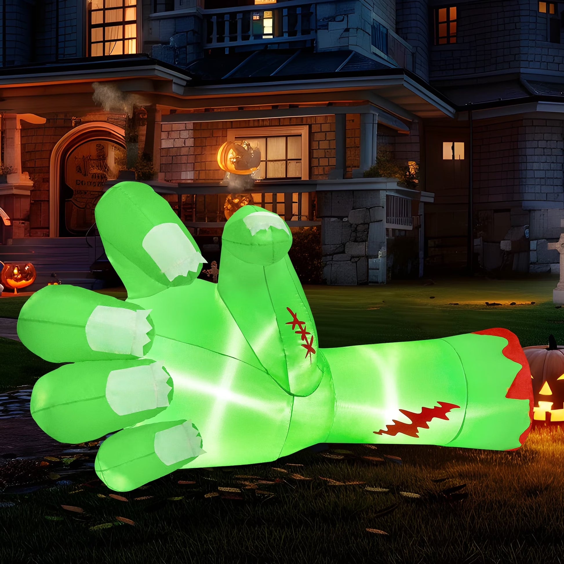 9Ft Halloween Inflatables Broken Hand,Giant Zombie Arm Outdoor Decoration with Built-In Leds,Scary Green Giant Hand Blow up Yard Decorations