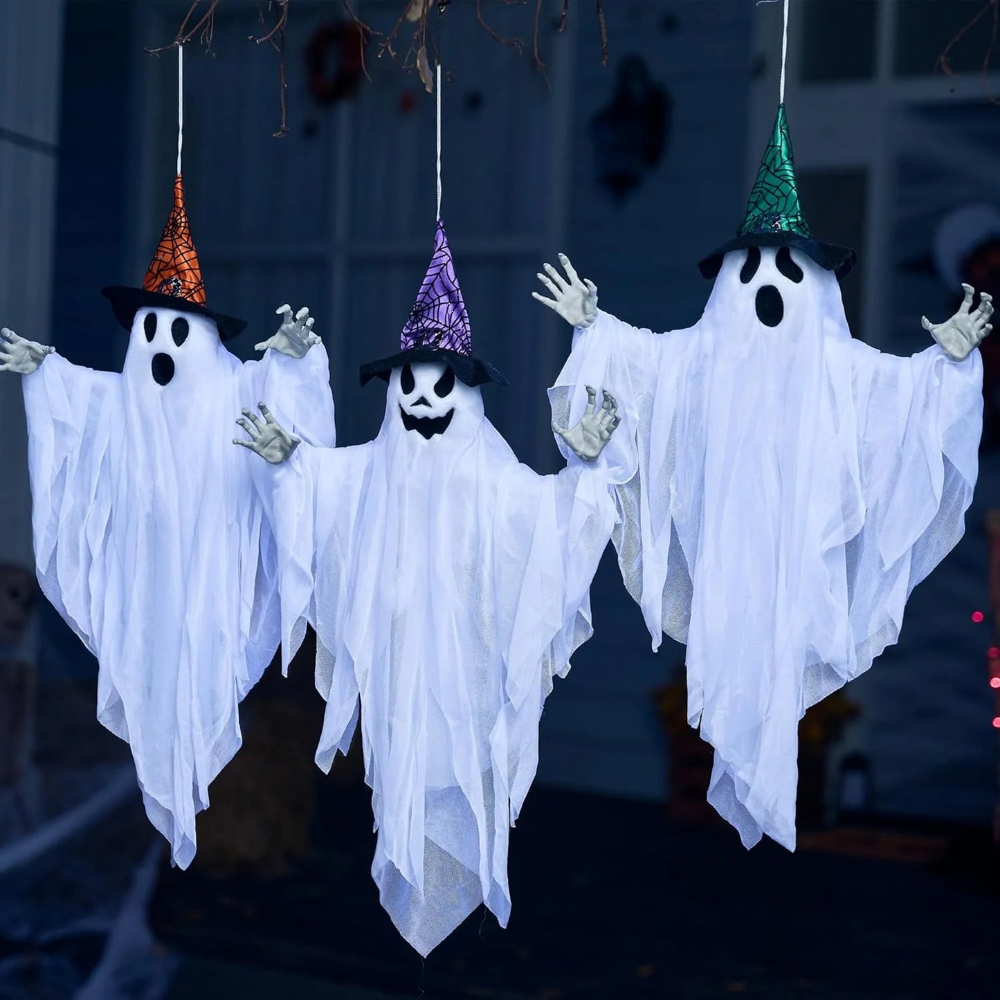 3 Packs Hanging Ghost Halloween Decorations Outdoor,24.8" White Flying Ghosts with Hats Outdoor Hanging Halloween Decorations Yard Decorations