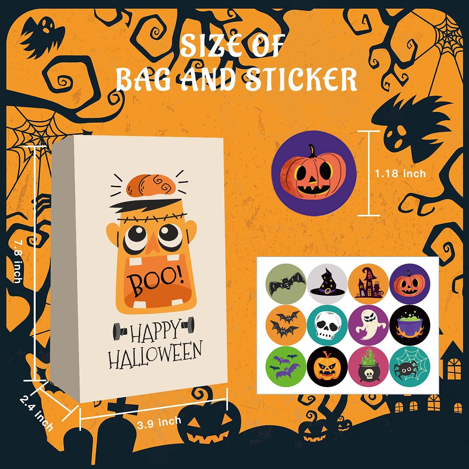 Halloween Treat Bags, 72PCS Kids Halloween Candy Bags Trick or Treating with 84 Pcs Halloween Stickers, Paper Gift Bags for Treats Snacks,Halloween Party Favors Goodie Bags Party Supplies