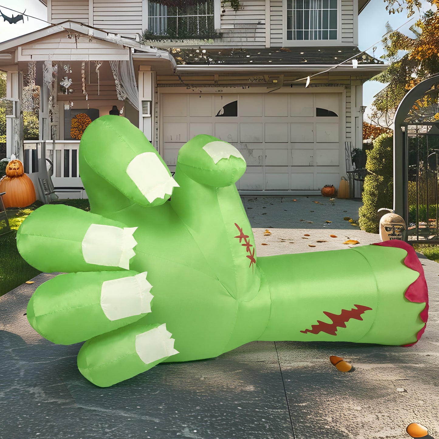 9Ft Halloween Inflatables Broken Hand,Giant Zombie Arm Outdoor Decoration with Built-In Leds,Scary Green Giant Hand Blow up Yard Decorations